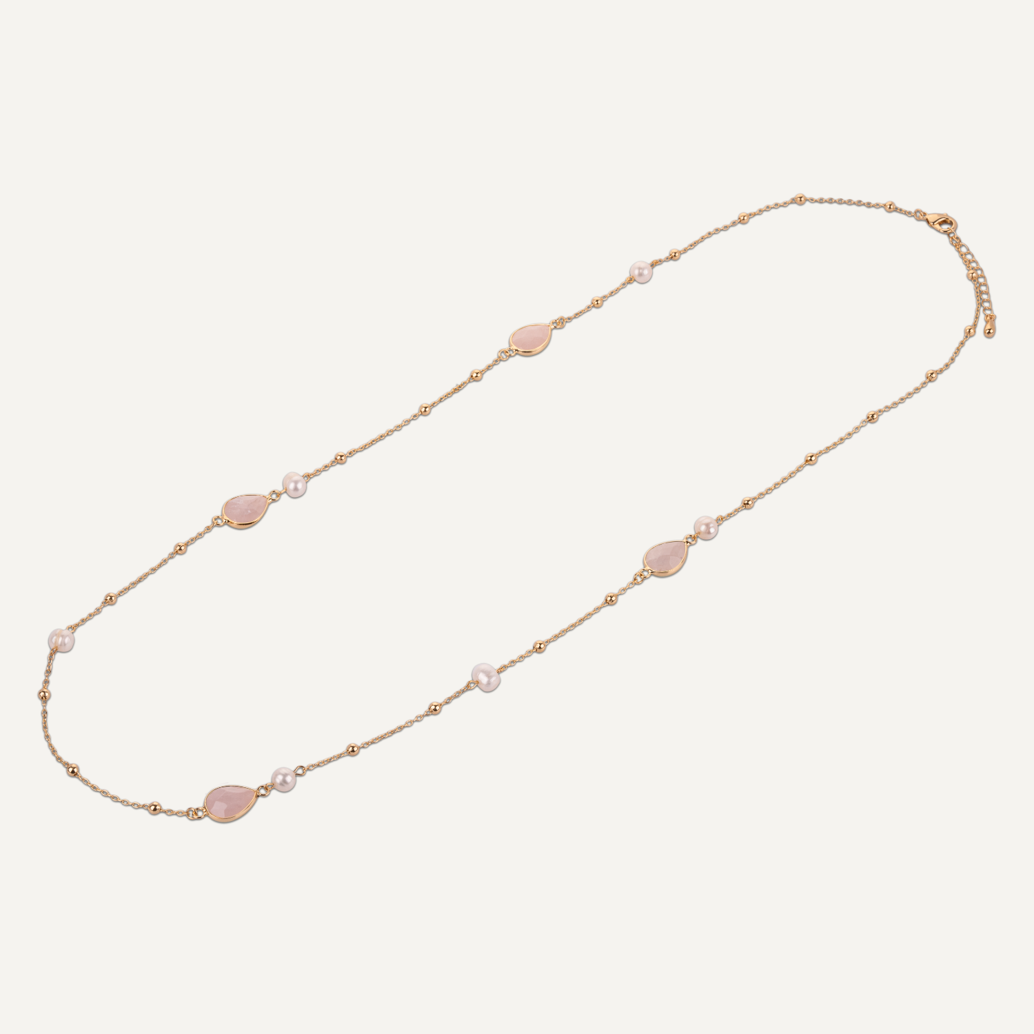 Long Rose Quartz & Pearl Crystal Stone Gold Necklace - D&X Retail
