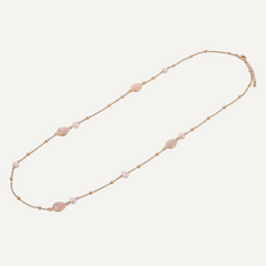 Long Rose Quartz & Pearl Crystal Stone Gold Necklace - D&X Retail