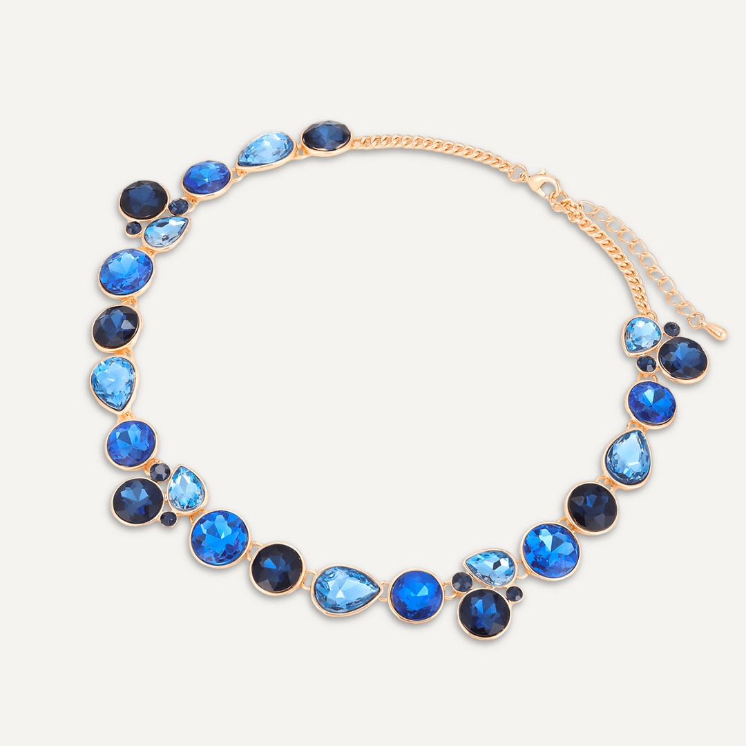 Mixed Cut Blue Jewel Collar Necklace In Gold-Tone