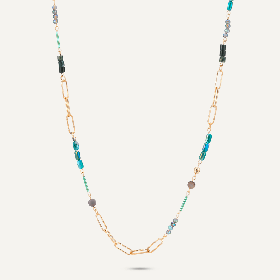 Green Semi-Precious Stone Long Necklace In Gold-Tone