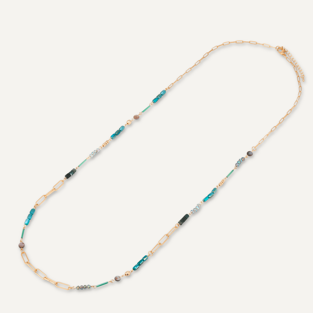 Green Semi-Precious Stone Long Necklace In Gold-Tone