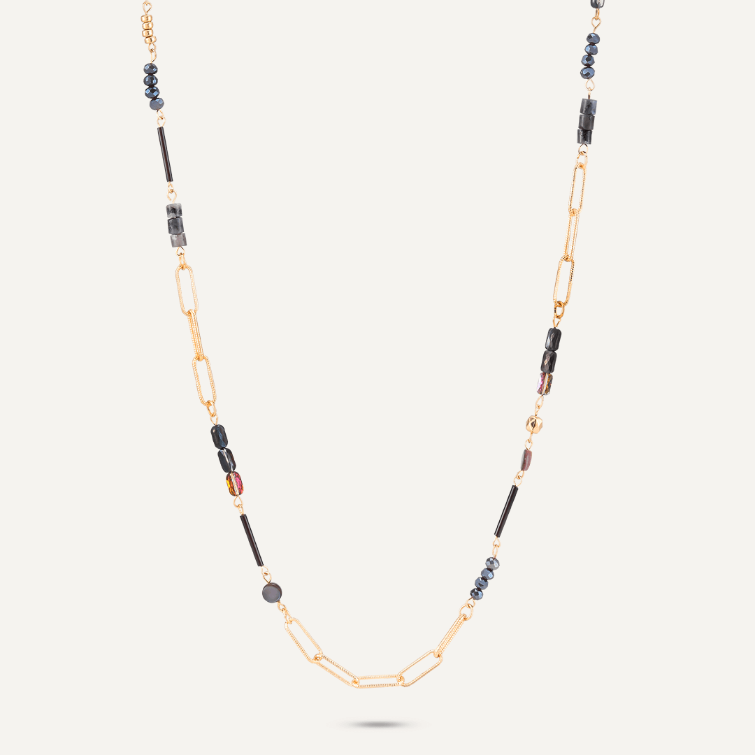 Black Semi-Precious Stone Long Necklace In Gold-Tone