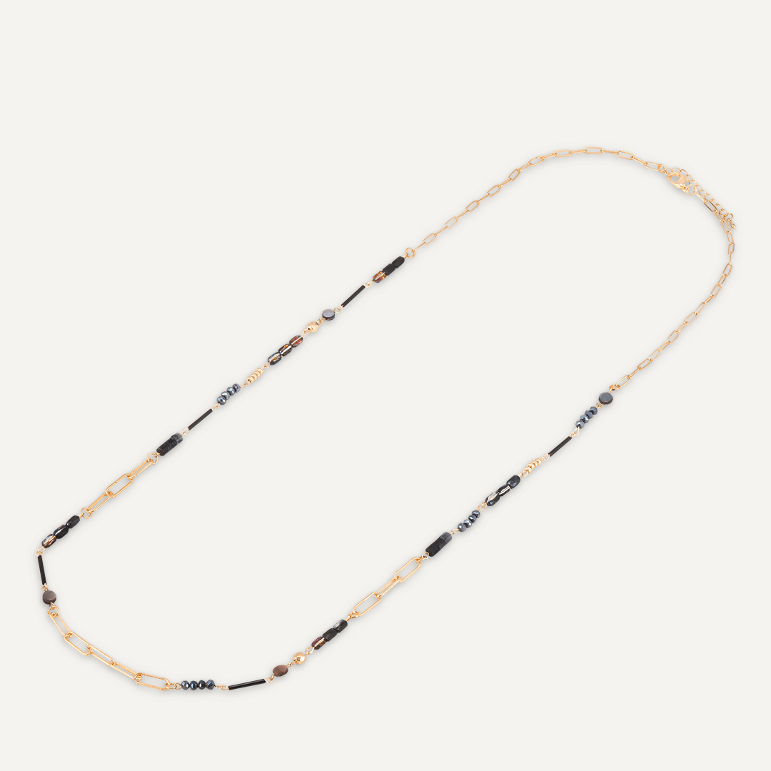 Black Semi-Precious Stone Long Necklace In Gold-Tone