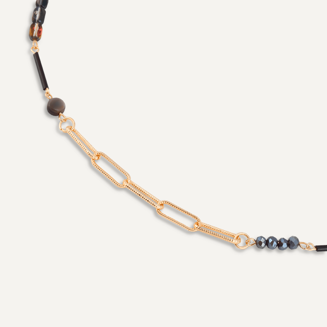 Black Semi-Precious Stone Long Necklace In Gold-Tone