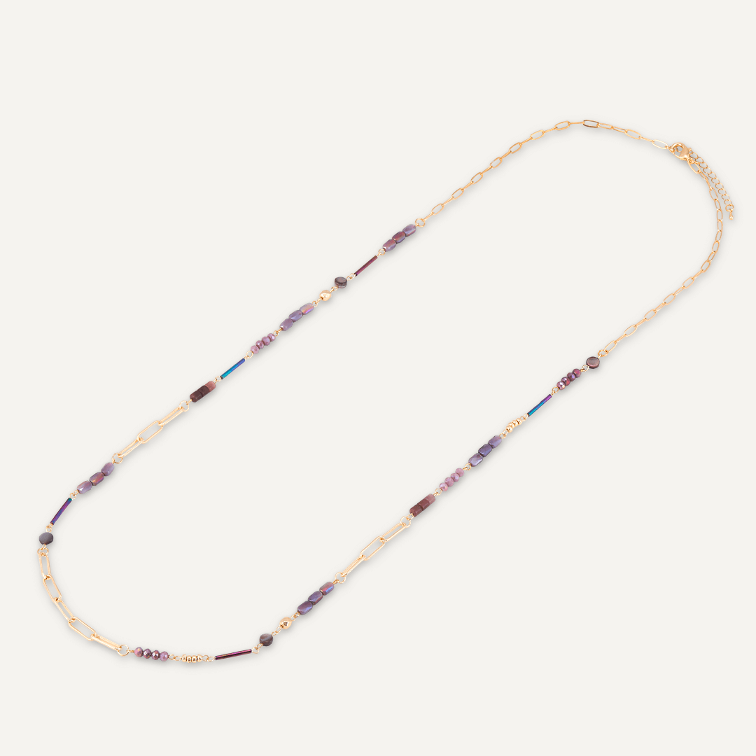 Purple Semi-Precious Stone Long Necklace In Gold-Tone