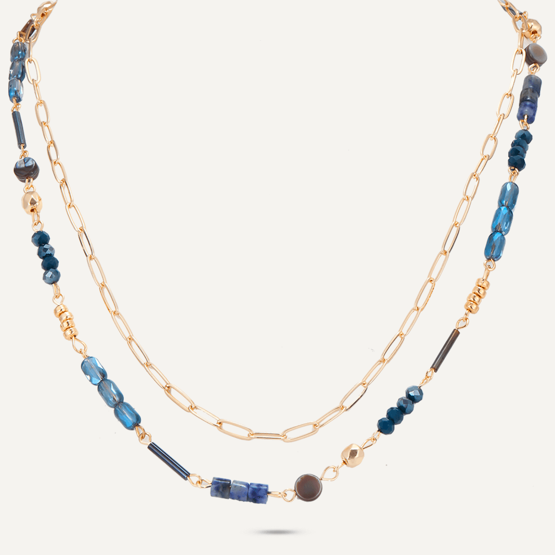 Blue Semi-Precious Stone Short Multi-Row Necklace In Gold-Tone