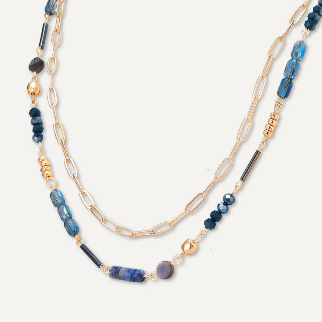 Blue Semi-Precious Stone Short Multi-Row Necklace In Gold-Tone