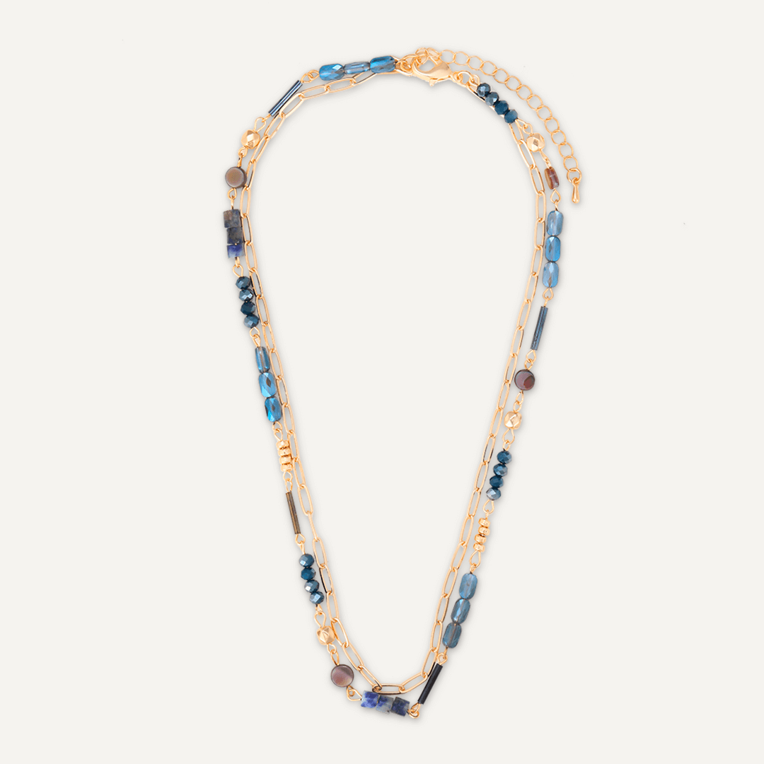 Blue Semi-Precious Stone Short Multi-Row Necklace In Gold-Tone