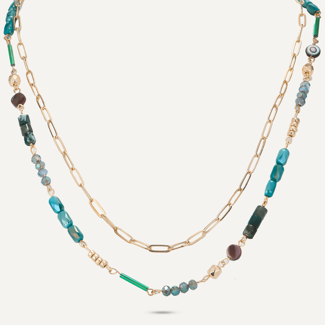 Green Semi-Precious Stone Short Multi-Row Necklace In Gold-Tone