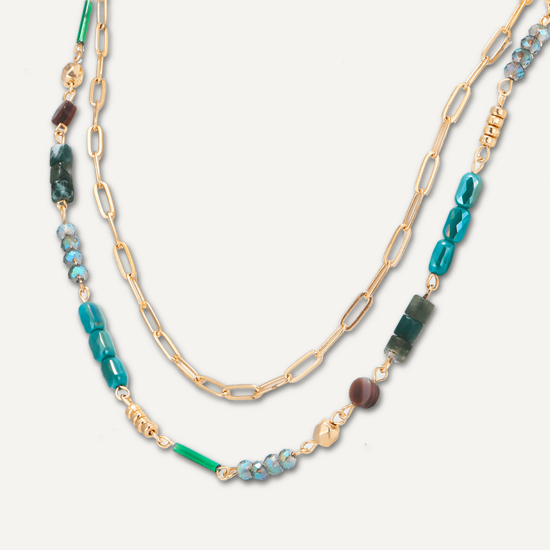 Green Semi-Precious Stone Short Multi-Row Necklace In Gold-Tone