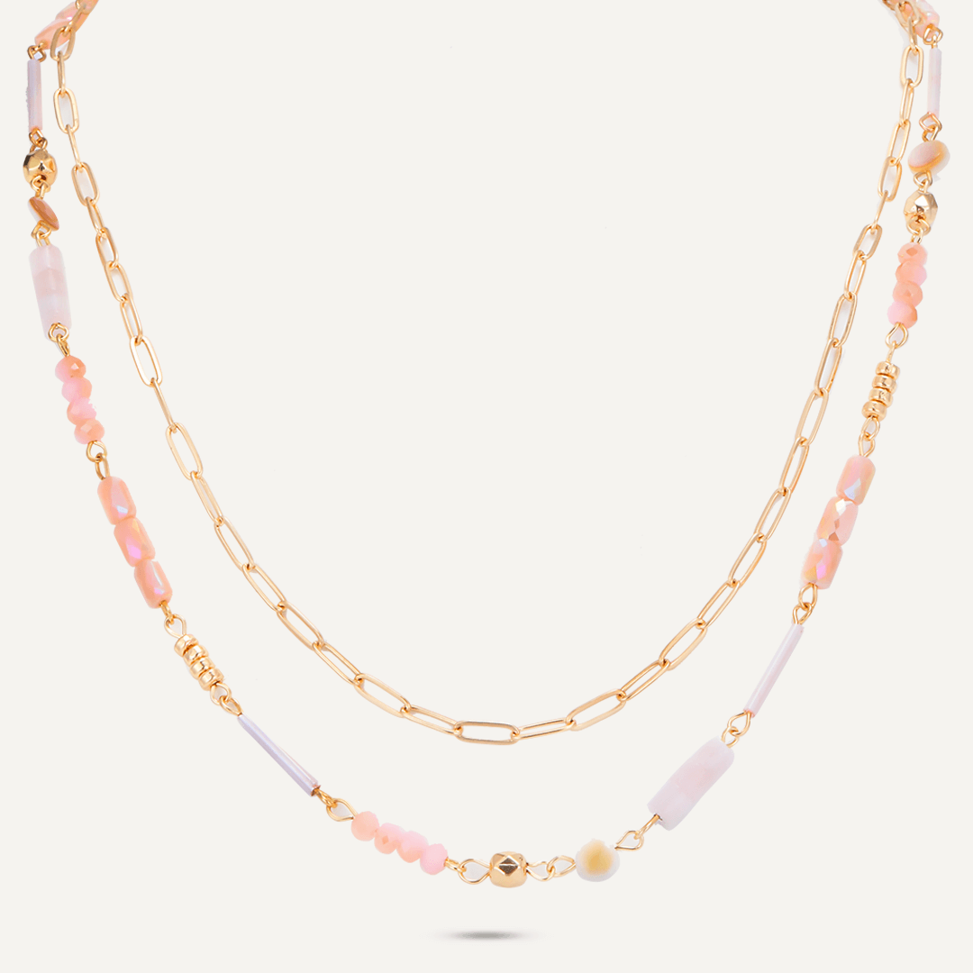 Pink Semi-Precious Stone Short Multi-Row Necklace In Gold-Tone