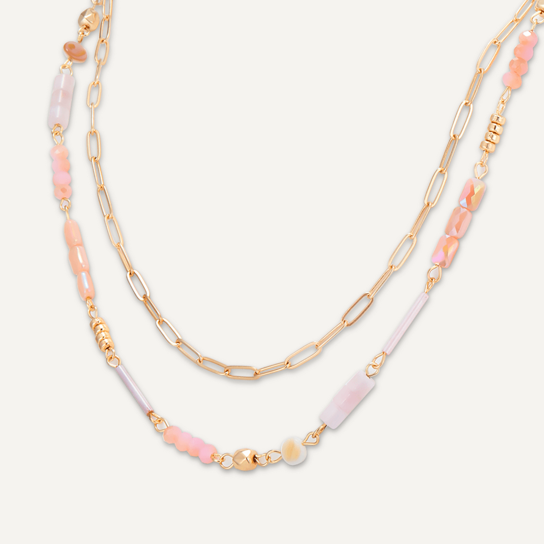 Pink Semi-Precious Stone Short Multi-Row Necklace In Gold-Tone