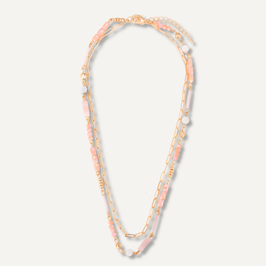 Pink Semi-Precious Stone Short Multi-Row Necklace In Gold-Tone