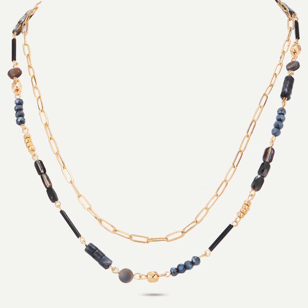 Black Semi-Precious Stone Short Multi-Row Necklace In Gold-Tone