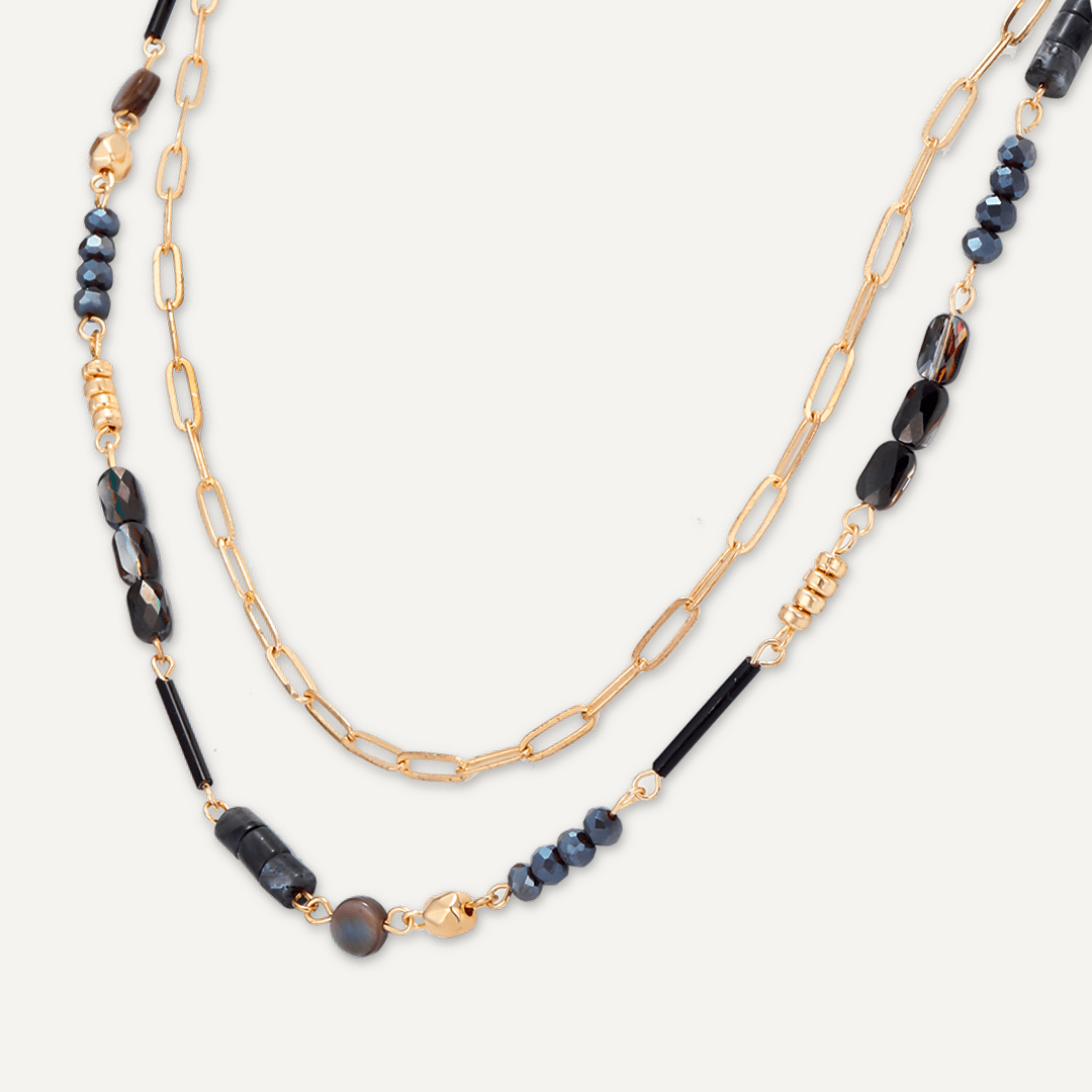 Black Semi-Precious Stone Short Multi-Row Necklace In Gold-Tone