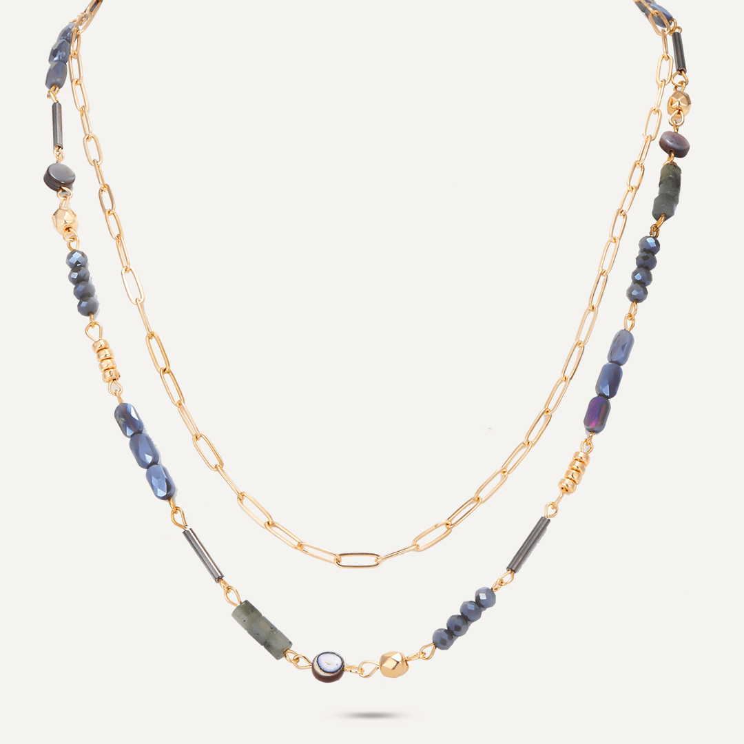 Grey Semi-Precious Stone Short Multi-Row Necklace In Gold-Tone