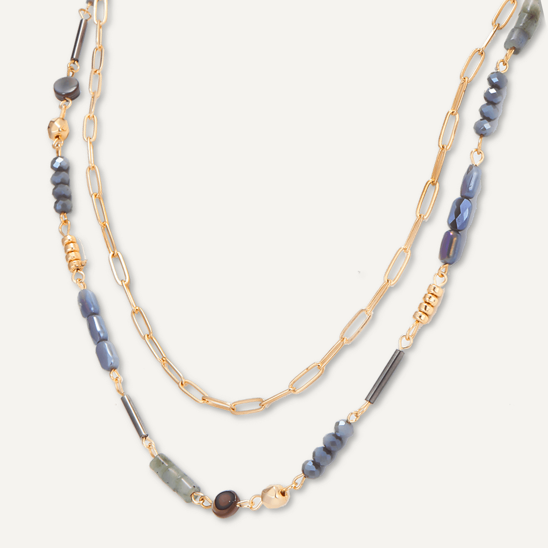 Grey Semi-Precious Stone Short Multi-Row Necklace In Gold-Tone