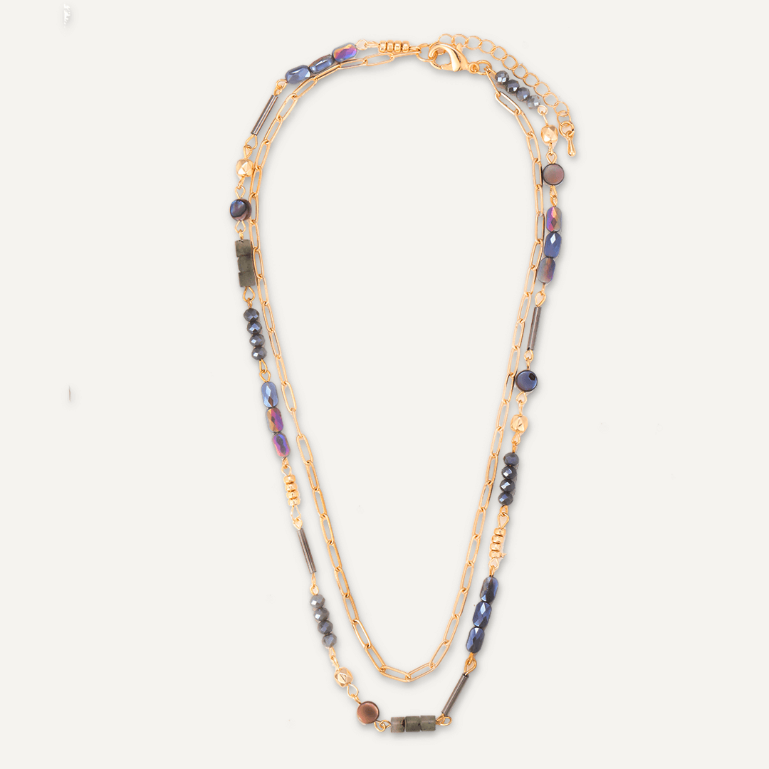 Grey Semi-Precious Stone Short Multi-Row Necklace In Gold-Tone