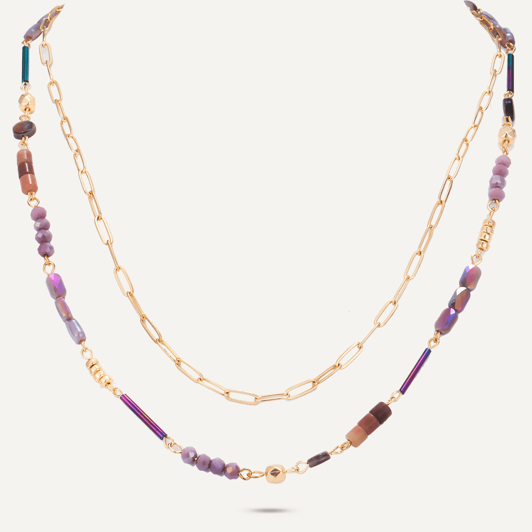 Purple Semi-Precious Stone Short Multi-Row Necklace In Gold-Tone