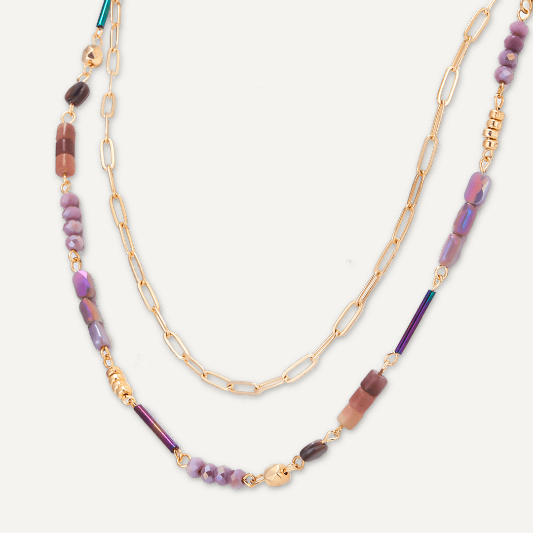 Purple Semi-Precious Stone Short Multi-Row Necklace In Gold-Tone