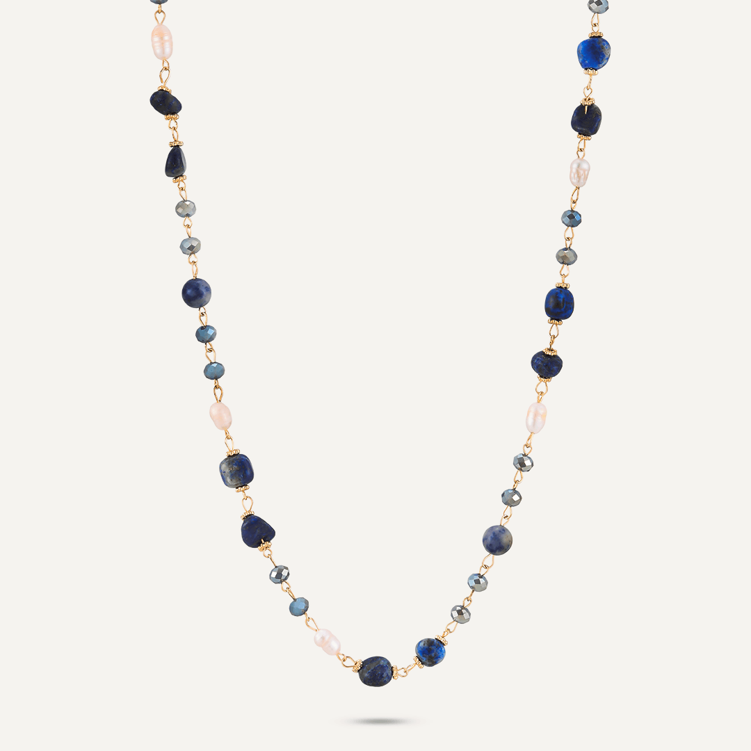 Blue Semi-Precious Stone, Crystal & Fresh Water Pearls Long Necklace In Gold-Tone