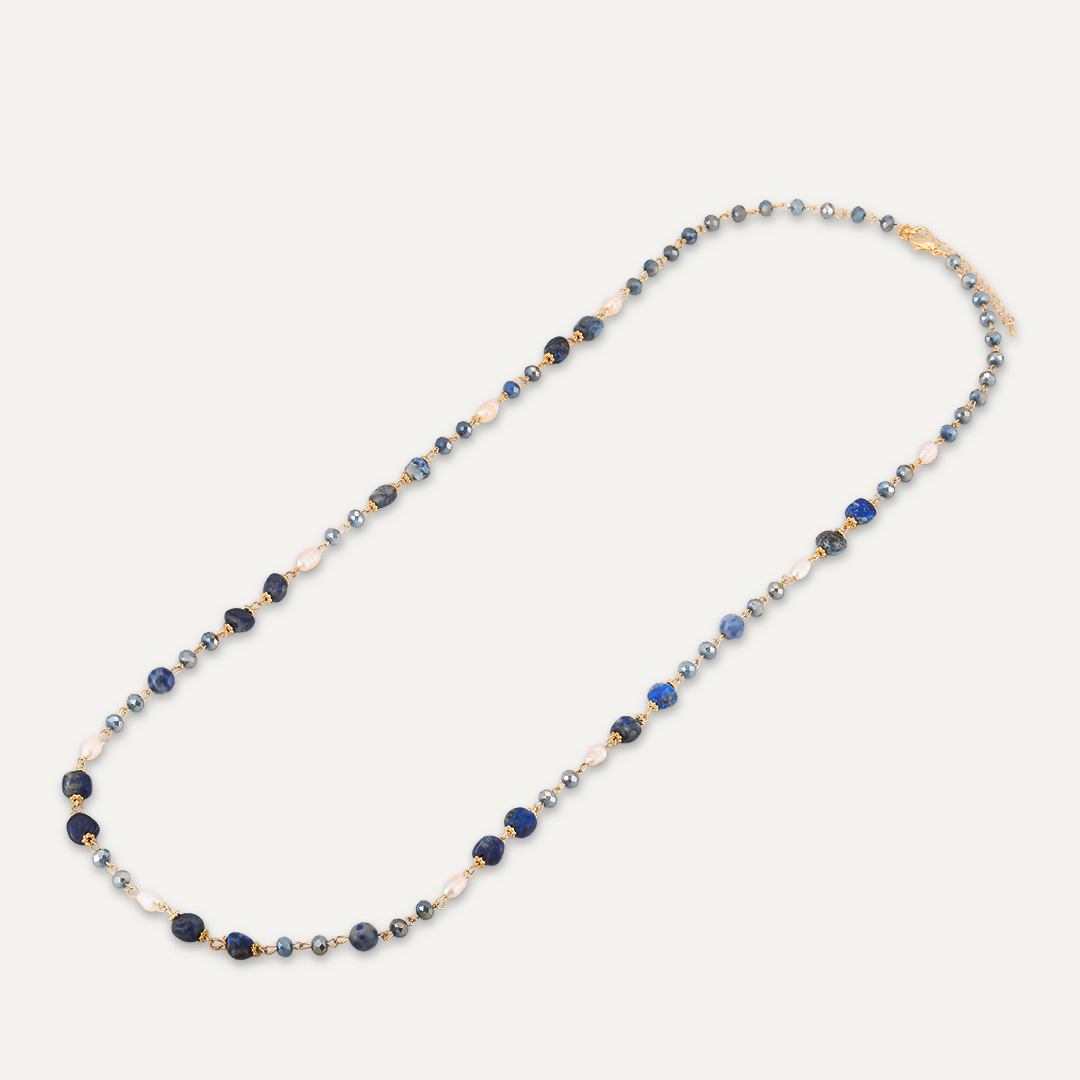 Blue Semi-Precious Stone, Crystal & Fresh Water Pearls Long Necklace In Gold-Tone