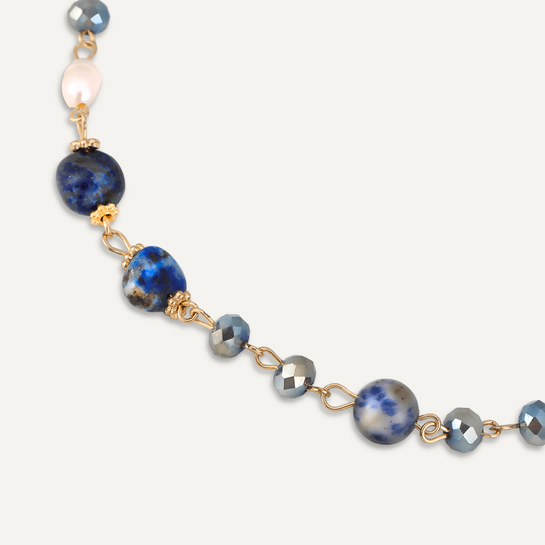 Blue Semi-Precious Stone, Crystal & Fresh Water Pearls Long Necklace In Gold-Tone