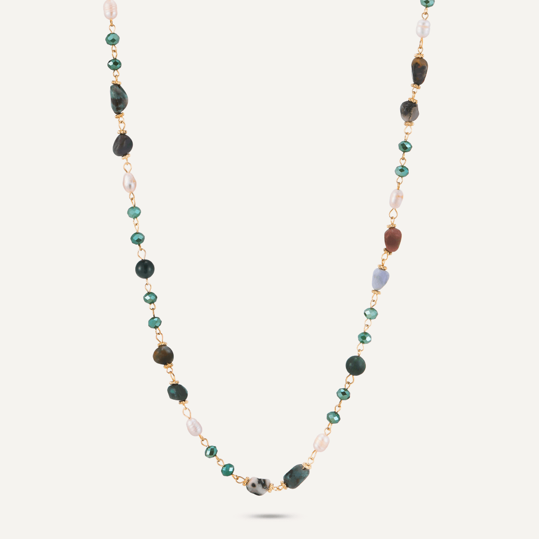 Green Semi-Precious Stone, Crystal & Fresh Water Pearls Long Necklace In Gold-Tone