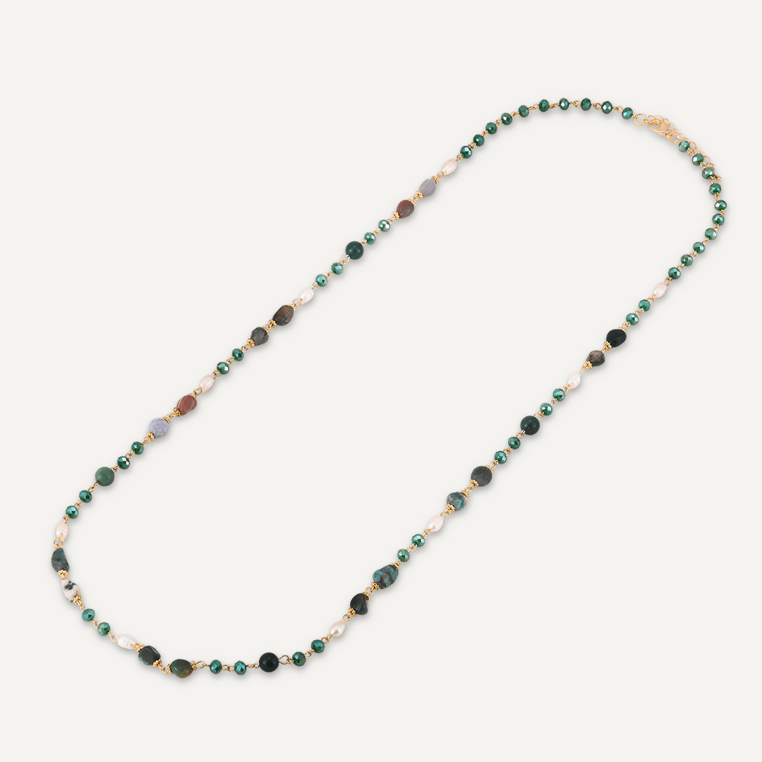 Green Semi-Precious Stone, Crystal & Fresh Water Pearls Long Necklace In Gold-Tone