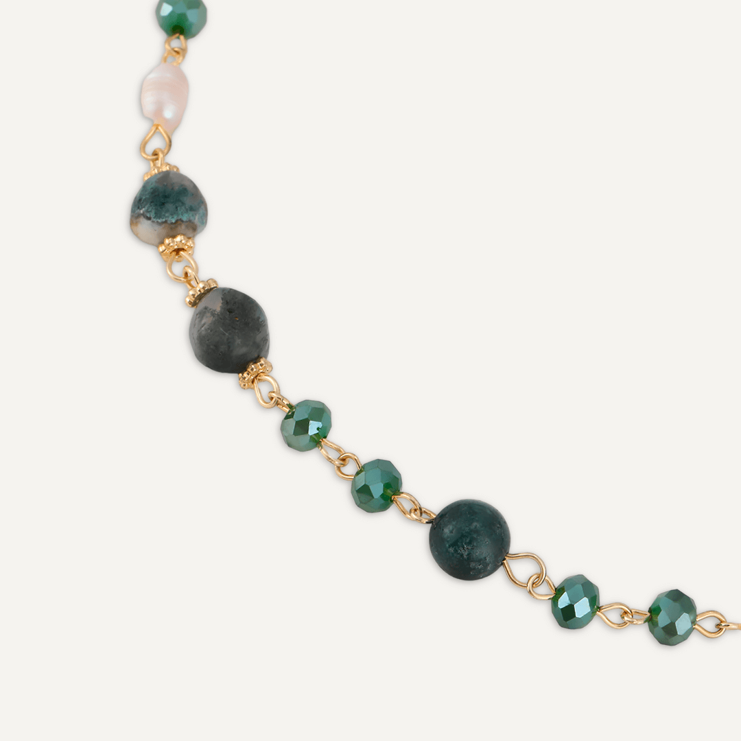 Green Semi-Precious Stone, Crystal & Fresh Water Pearls Long Necklace In Gold-Tone