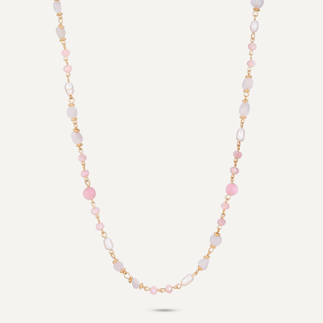 Pink Semi-Precious Stone, Crystal & Fresh Water Pearls Long Necklace In Gold-Tone