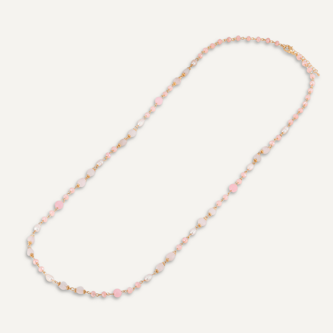 Pink Semi-Precious Stone, Crystal & Fresh Water Pearls Long Necklace In Gold-Tone