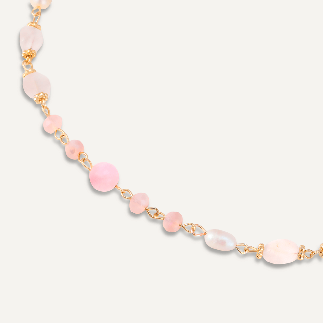 Pink Semi-Precious Stone, Crystal & Fresh Water Pearls Long Necklace In Gold-Tone