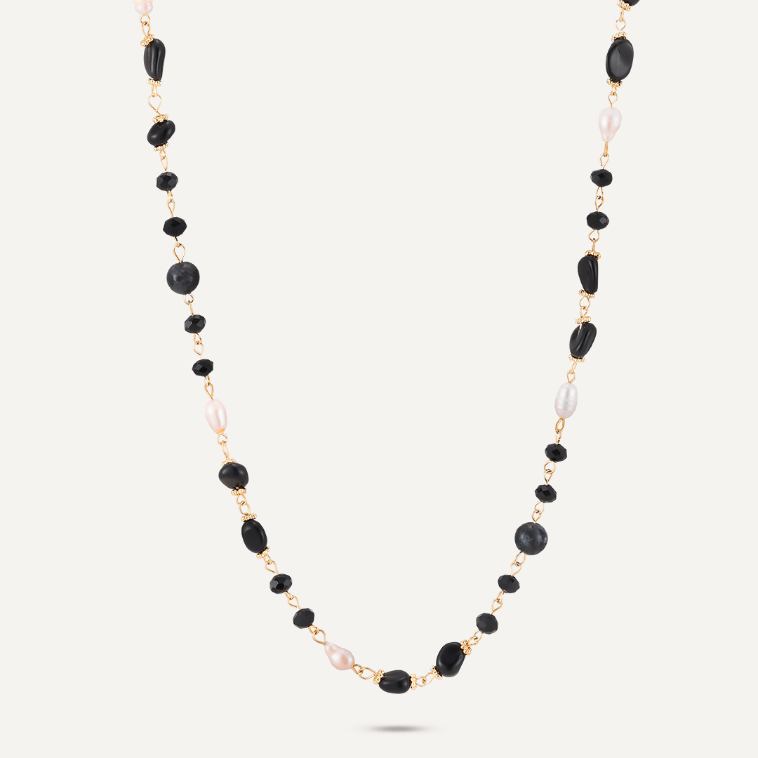 Black Semi-Precious Stone, Crystal & Fresh Water Pearls Long Necklace In Gold-Tone