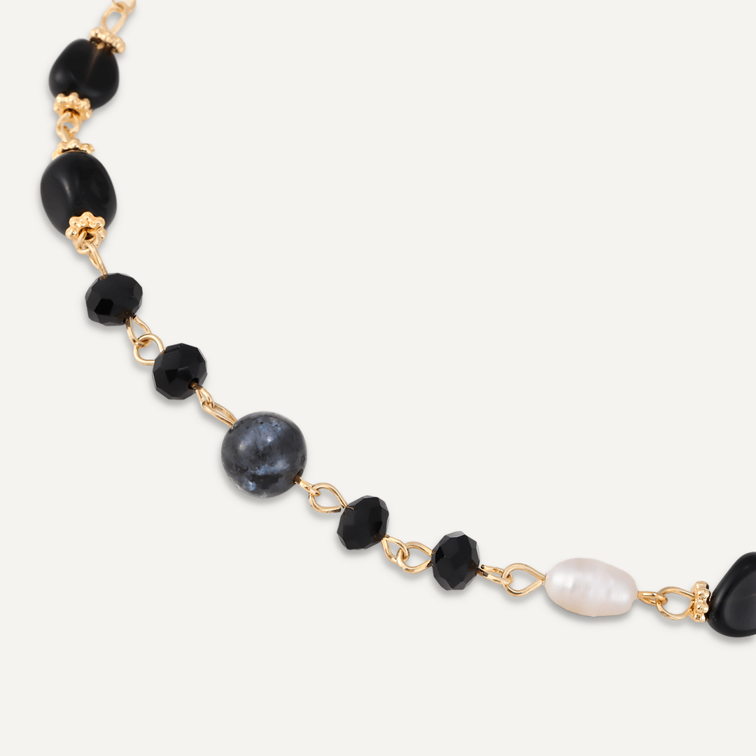 Black Semi-Precious Stone, Crystal & Fresh Water Pearls Long Necklace In Gold-Tone