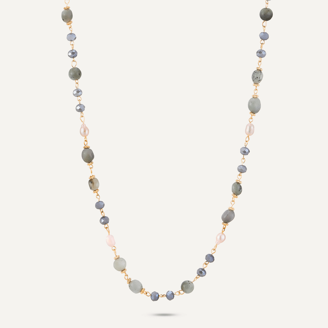 Grey Semi-Precious Stone, Crystal & Fresh Water Pearls Long Necklace In Gold-Tone