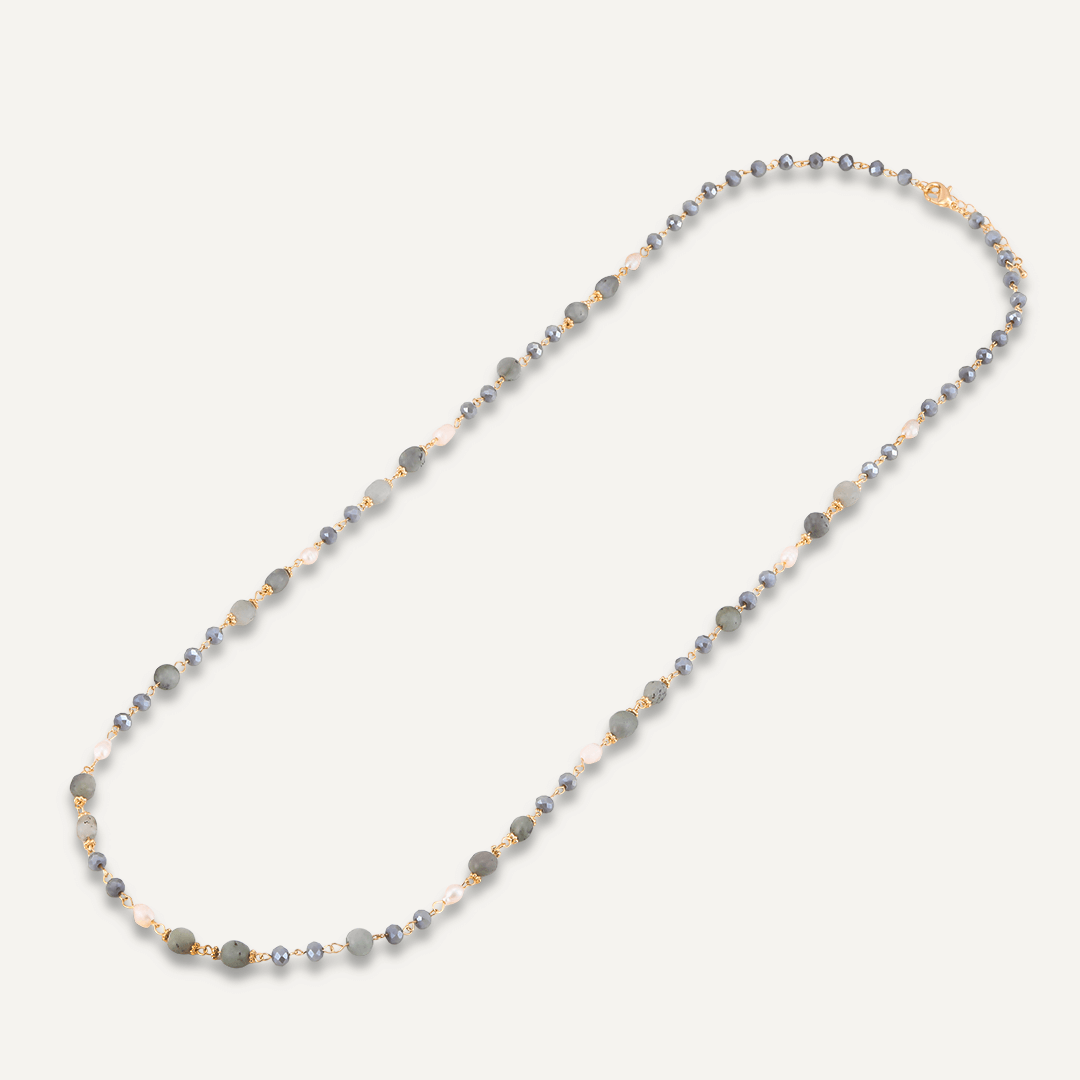 Grey Semi-Precious Stone, Crystal & Fresh Water Pearls Long Necklace In Gold-Tone