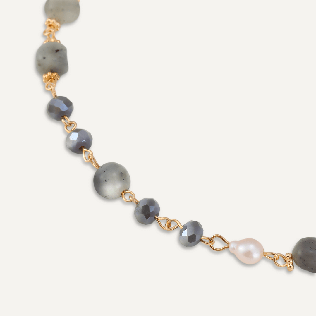 Grey Semi-Precious Stone, Crystal & Fresh Water Pearls Long Necklace In Gold-Tone