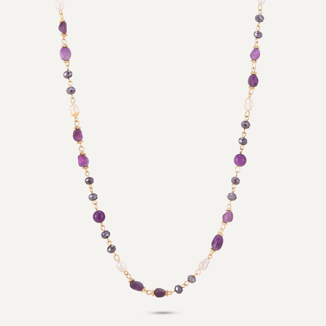 Purple Semi-Precious Stone, Crystal & Fresh Water Pearls Long Necklace In Gold-Tone