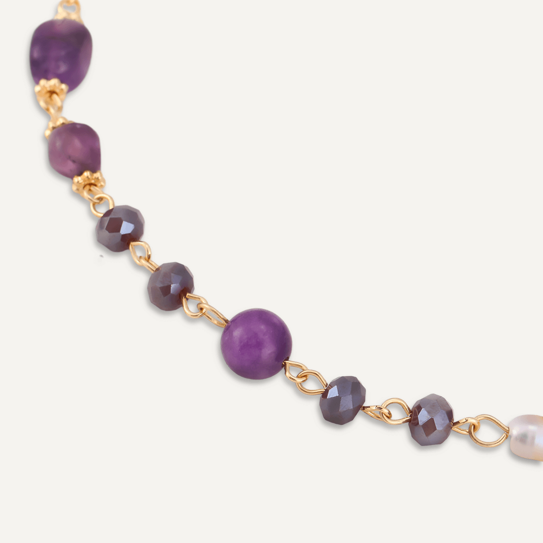 Purple Semi-Precious Stone, Crystal & Fresh Water Pearls Long Necklace In Gold-Tone