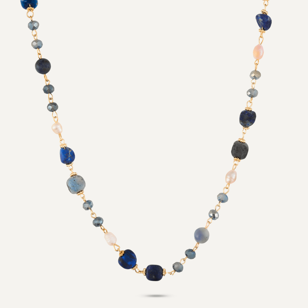 Blue Semi-Precious Stone, Crystal & Fresh Water Pearls Short Necklace In Gold-Tone