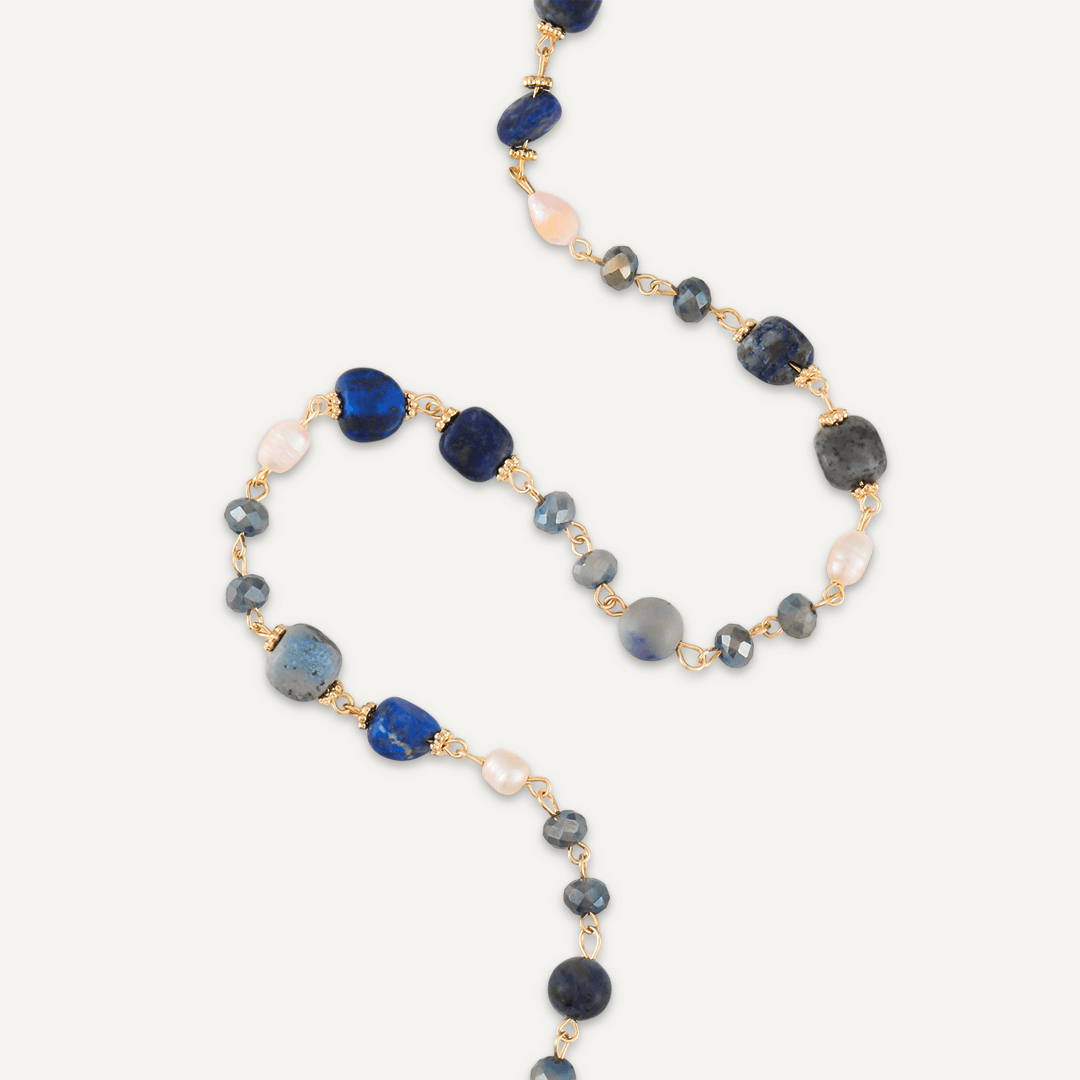 Blue Semi-Precious Stone, Crystal & Fresh Water Pearls Short Necklace In Gold-Tone