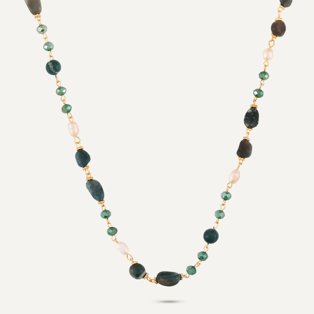 Green Semi-Precious Stone, Crystal & Fresh Water Pearls Short Necklace In Gold-Tone