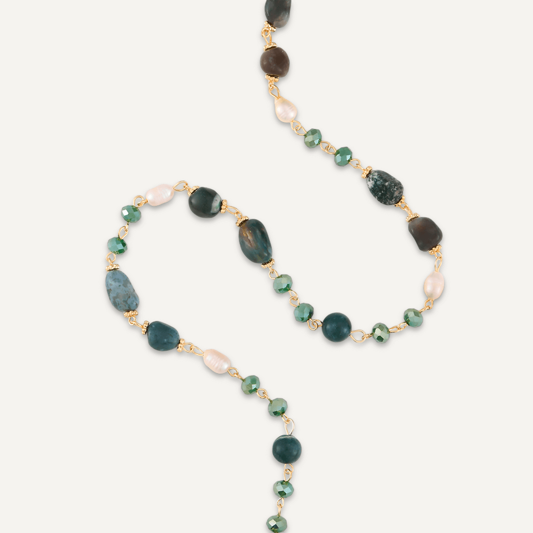 Green Semi-Precious Stone, Crystal & Fresh Water Pearls Short Necklace In Gold-Tone