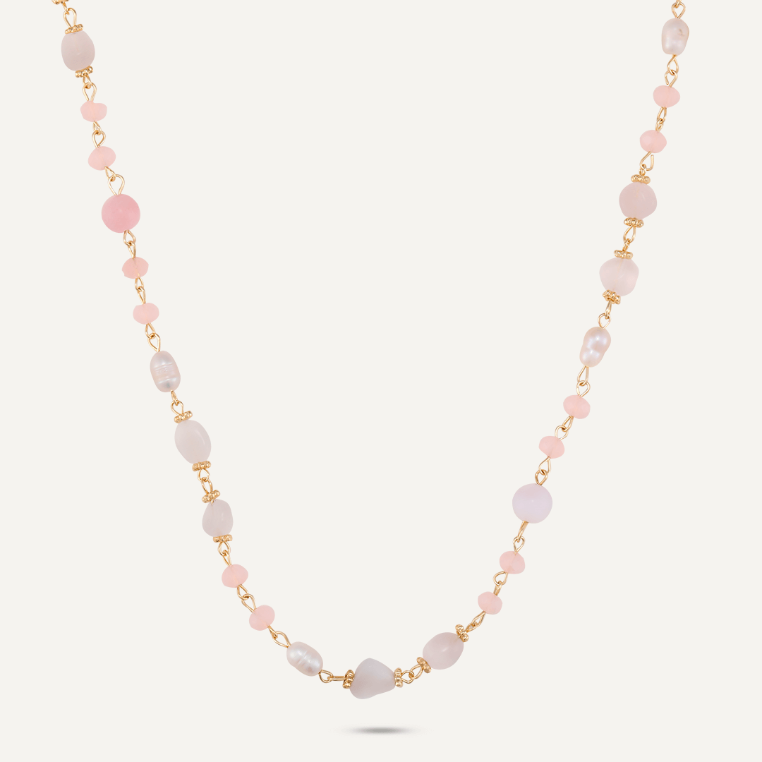 Pink Semi-Precious Stone, Crystal & Fresh Water Pearls Short Necklace In Gold-Tone