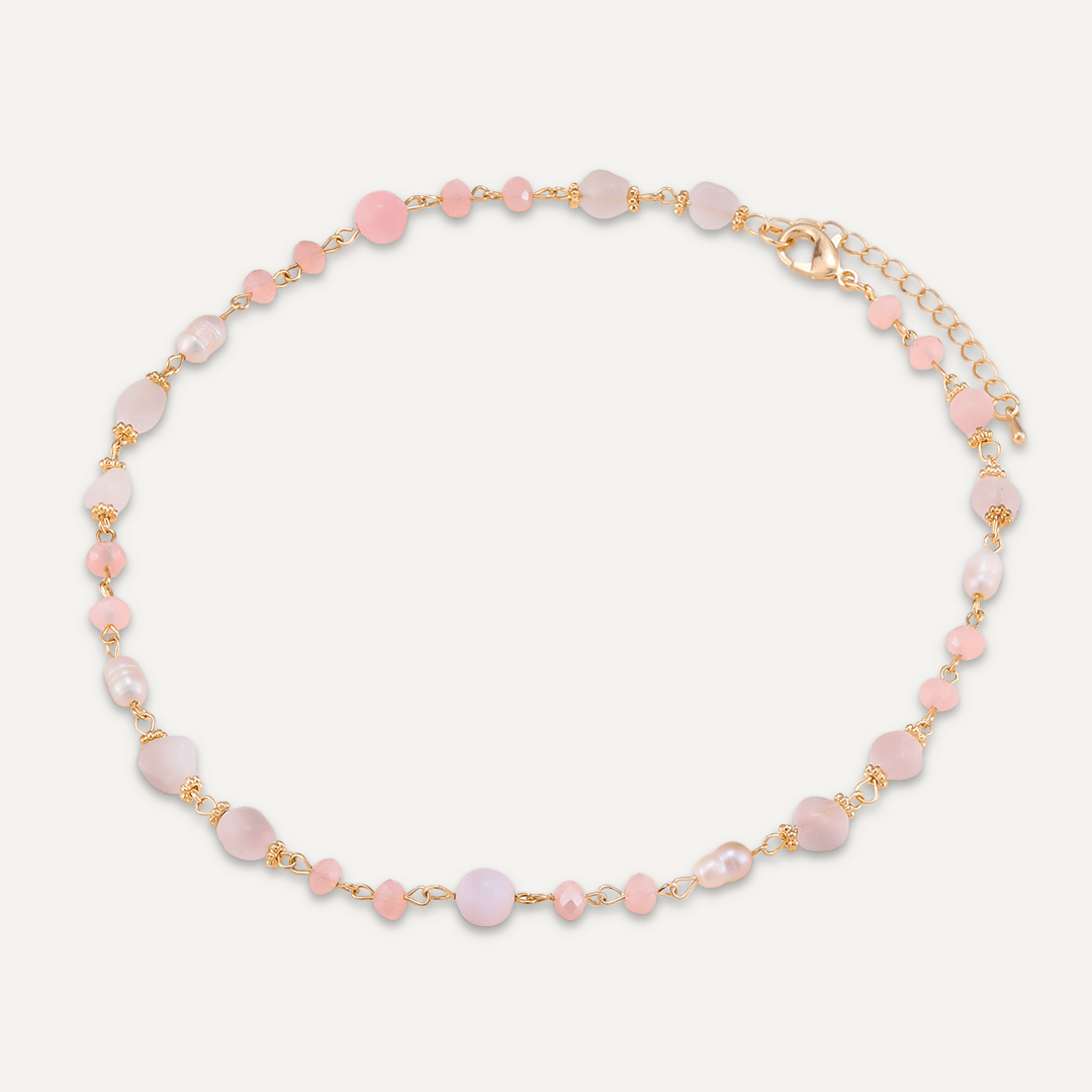 Pink Semi-Precious Stone, Crystal & Fresh Water Pearls Short Necklace In Gold-Tone