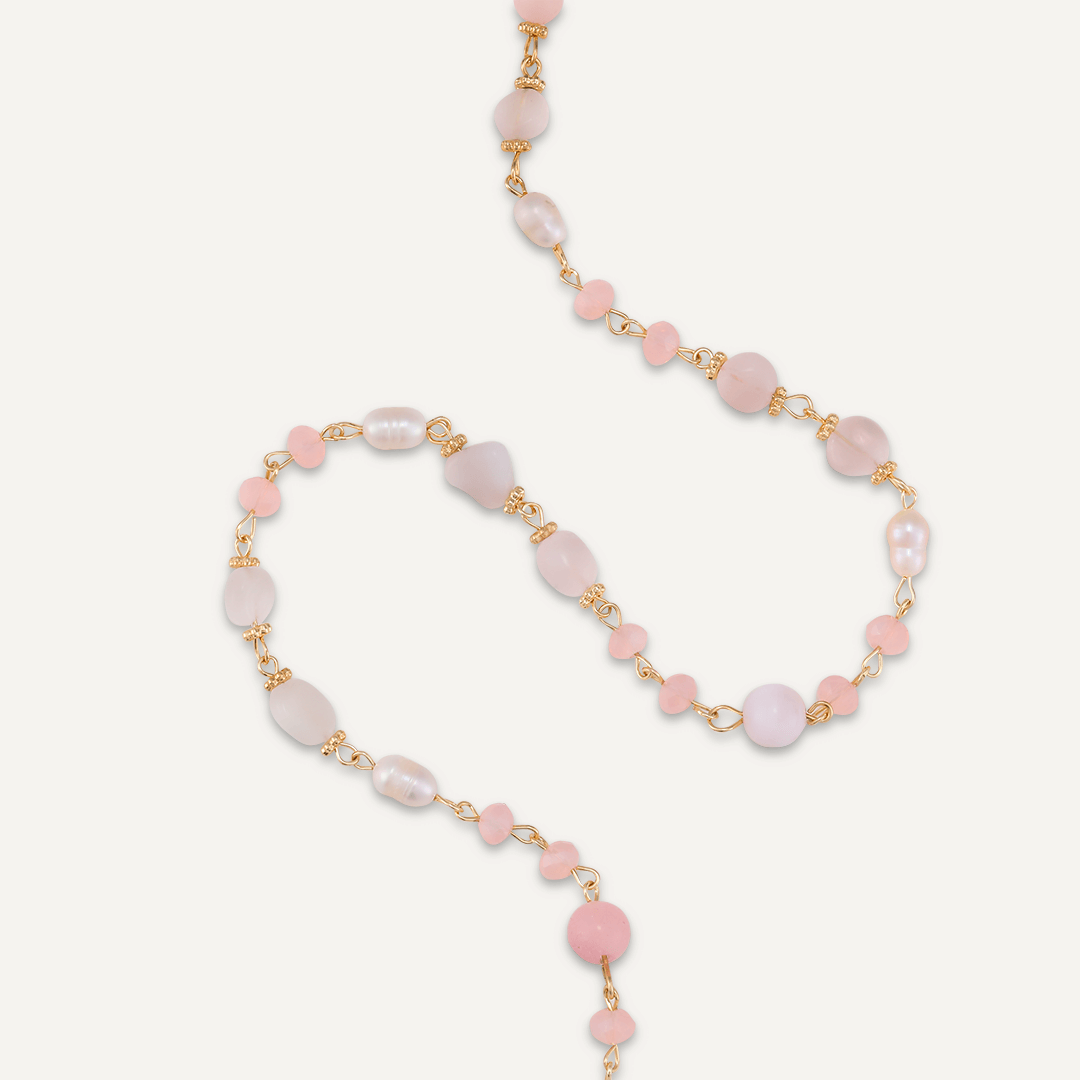 Pink Semi-Precious Stone, Crystal & Fresh Water Pearls Short Necklace In Gold-Tone