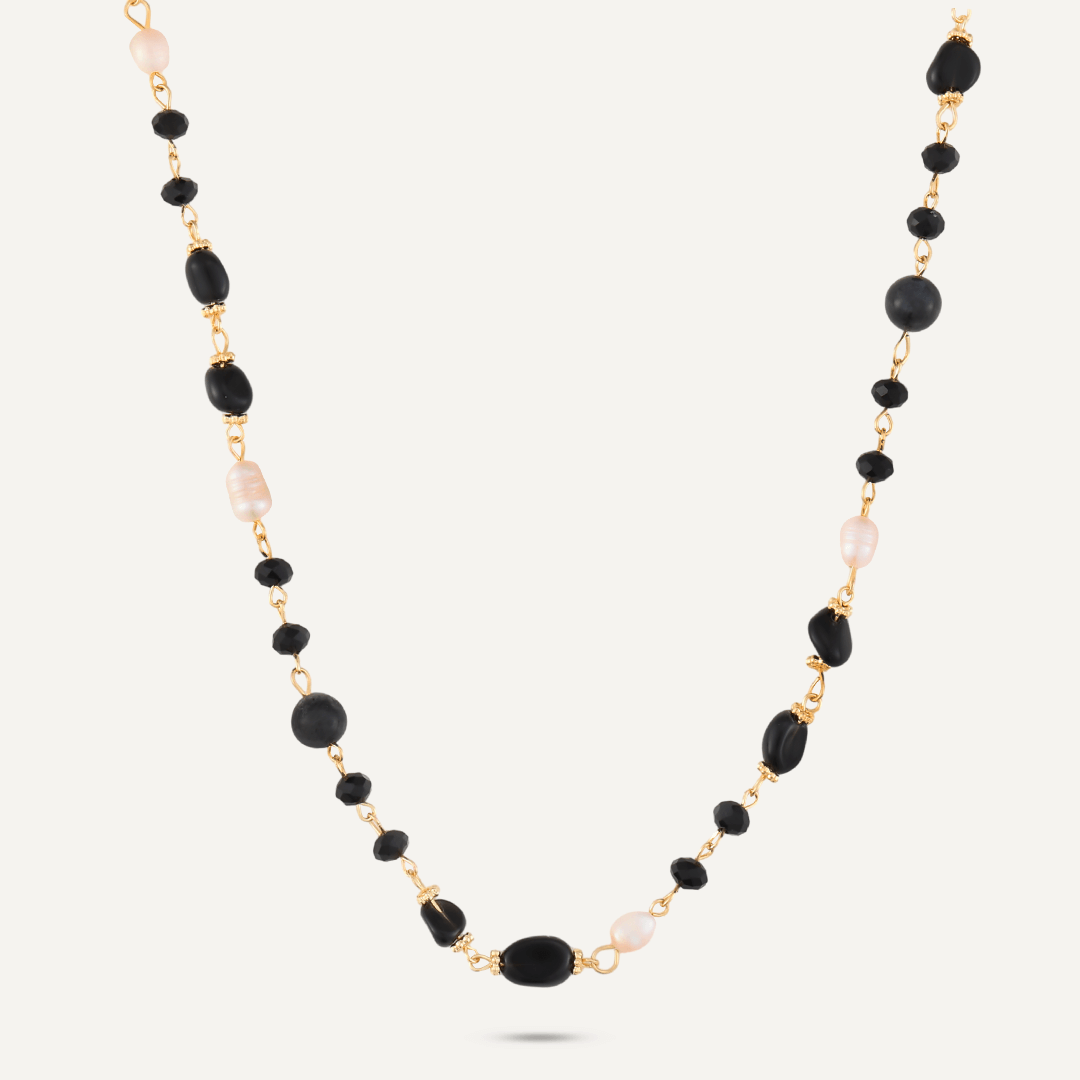 Black Semi-Precious Stone, Crystal & Fresh Water Pearls Short Necklace In Gold-Tone