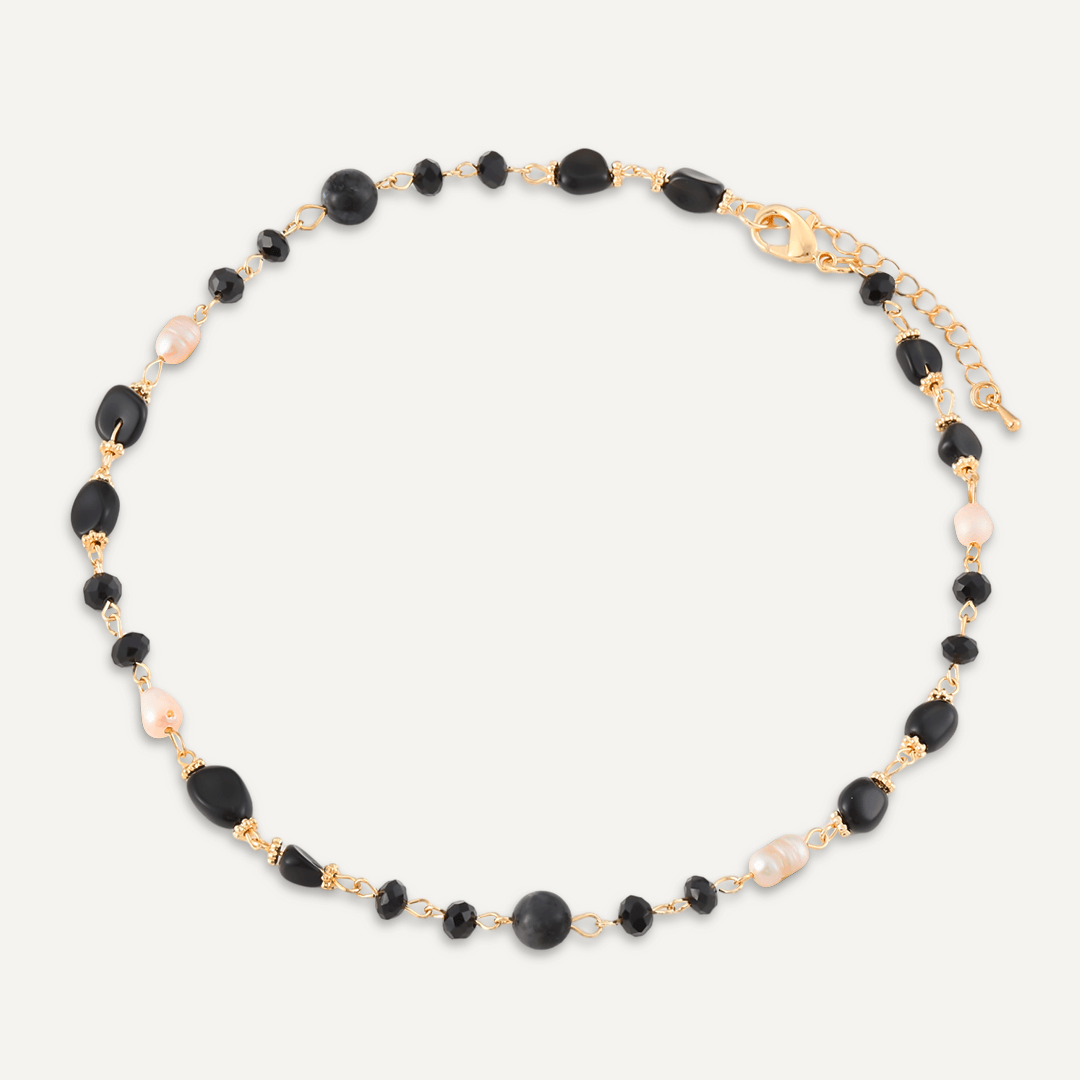 Black Semi-Precious Stone, Crystal & Fresh Water Pearls Short Necklace In Gold-Tone