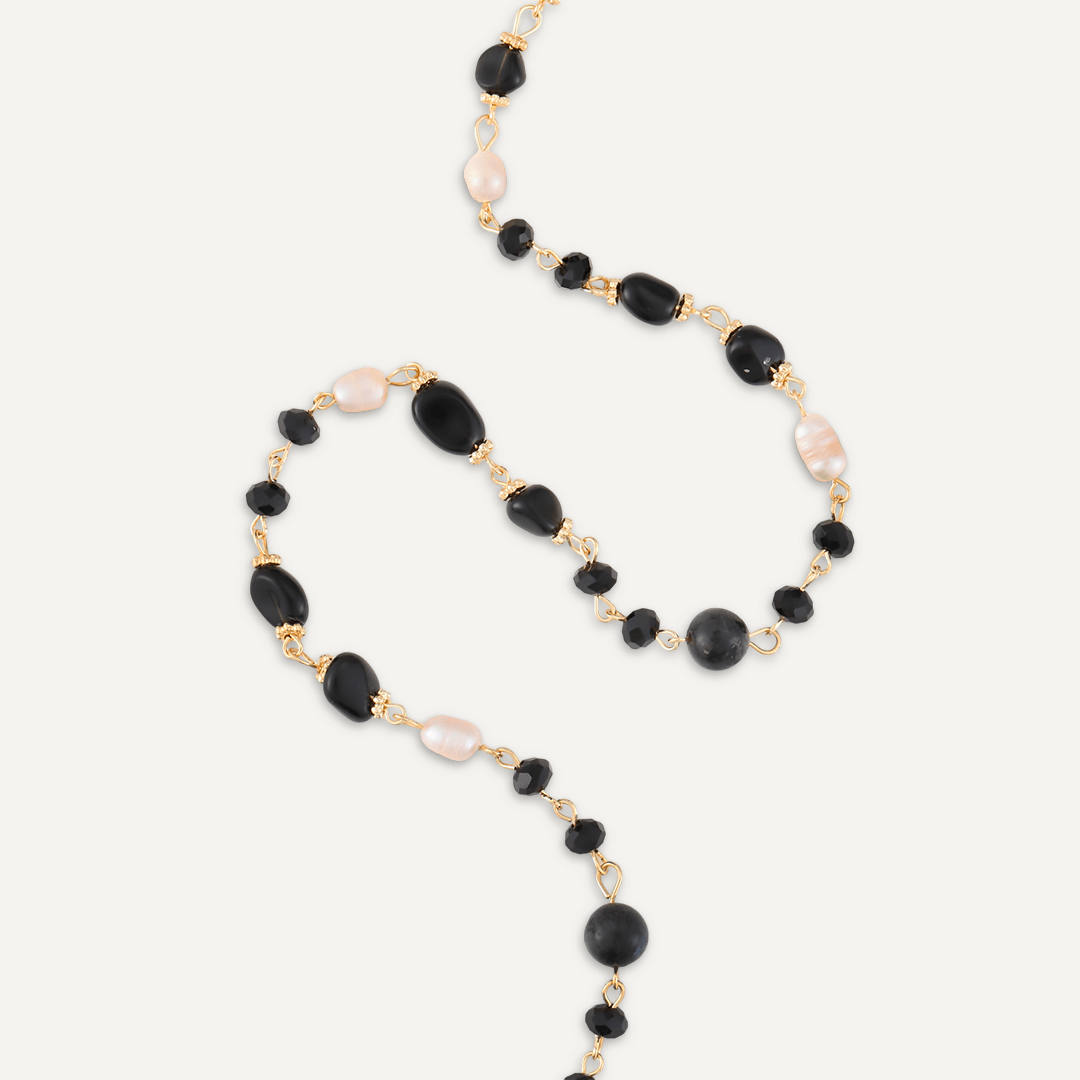 Black Semi-Precious Stone, Crystal & Fresh Water Pearls Short Necklace In Gold-Tone